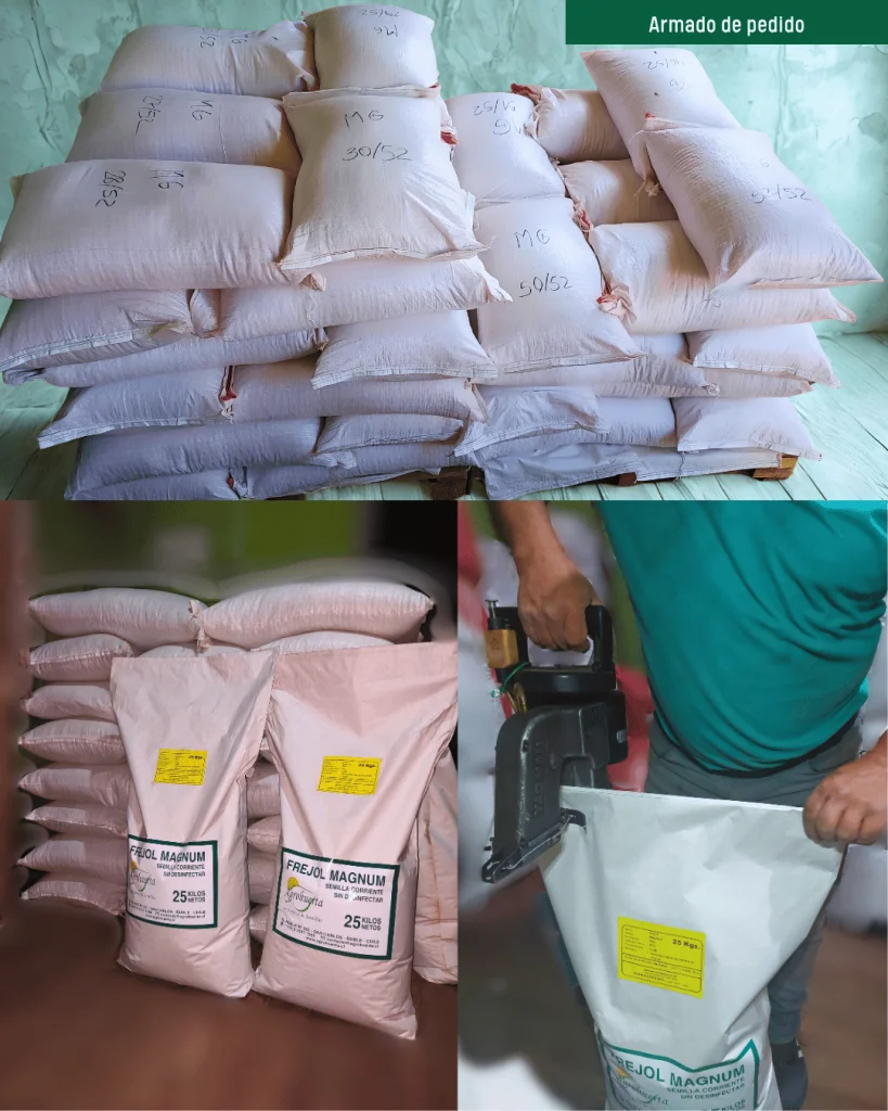 Sacos de semillas Agrohuerta durante el armado y sellado de un pedido